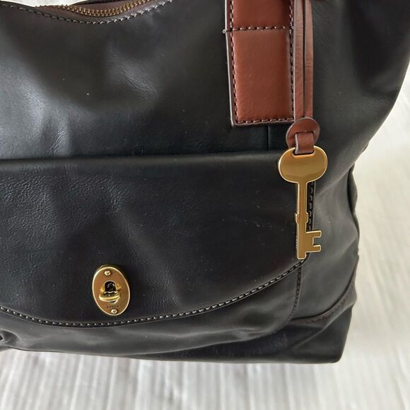 Fossil Vintage Classic Black and Brown Shopper Tote Shoulder Bag - Picture 5 of 14